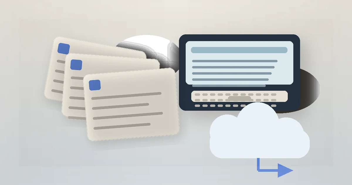 Original editorial still life related to How to Find Lost Files in Google Drive: cloud recovery cards, document copies, and a laptop.