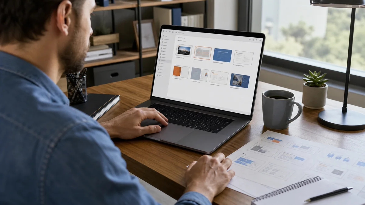 Presentation designer comparing recovered PowerPoint slide files on a Windows laptop.