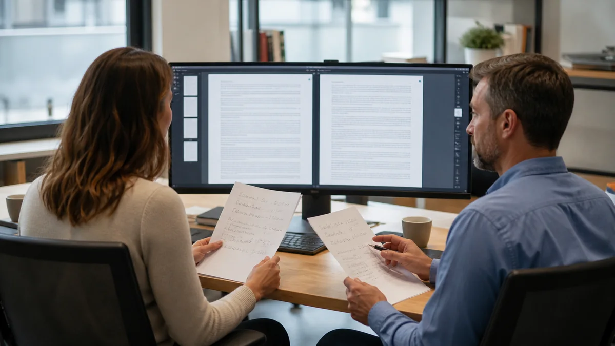 Two colleagues comparing conflicting document copies side by side on a widescreen monitor.