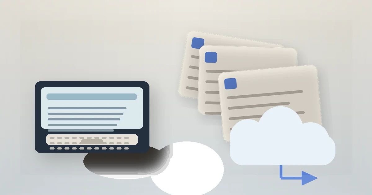 Original editorial still life related to OneDrive vs Google Drive File Recovery: What Is Different?: cloud recovery cards, document copies, and a laptop.
