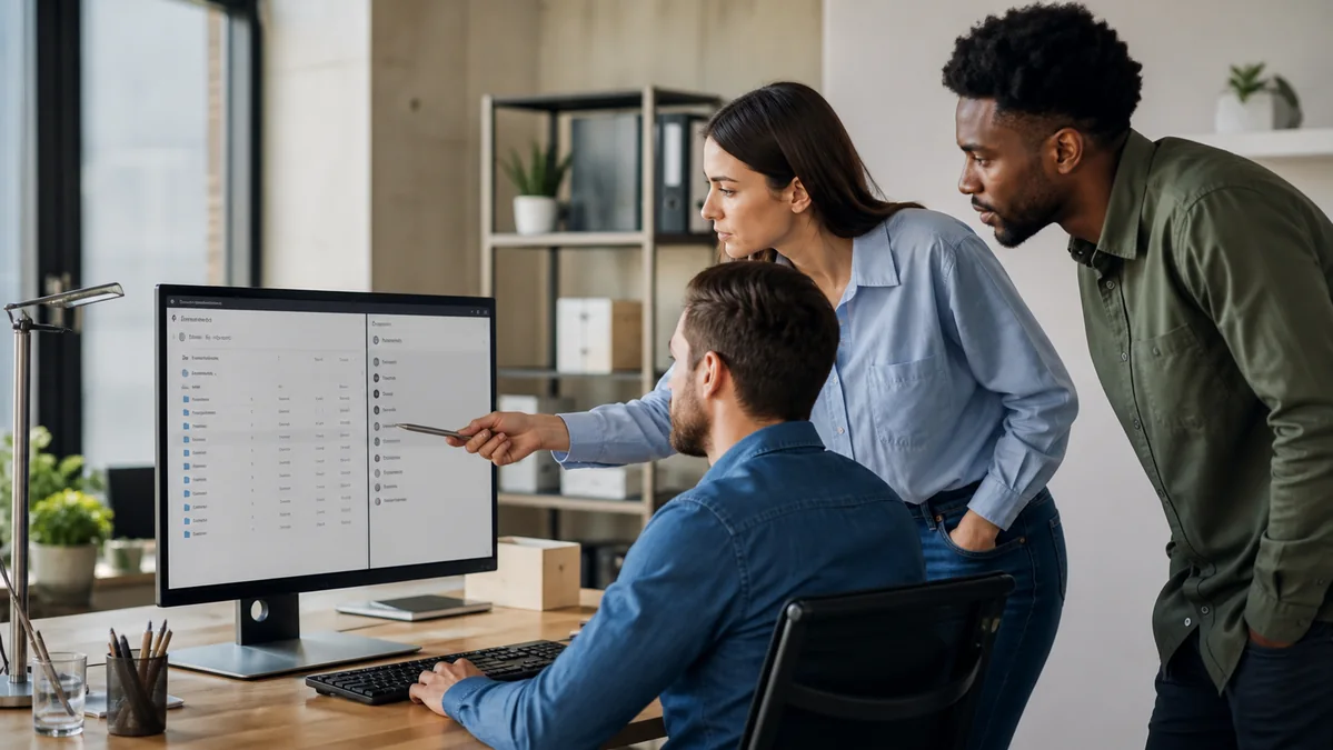 Office team reviewing shared-drive Trash and access roles on a large monitor.