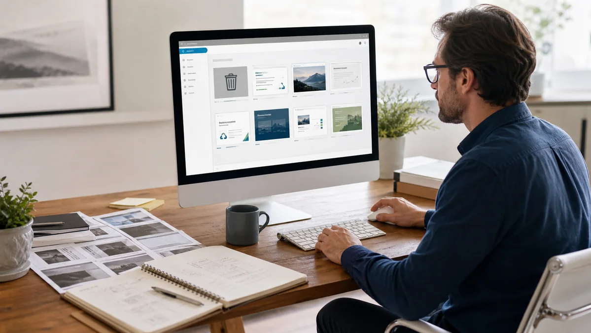 Presentation designer recovering slide thumbnails from a cloud file library.