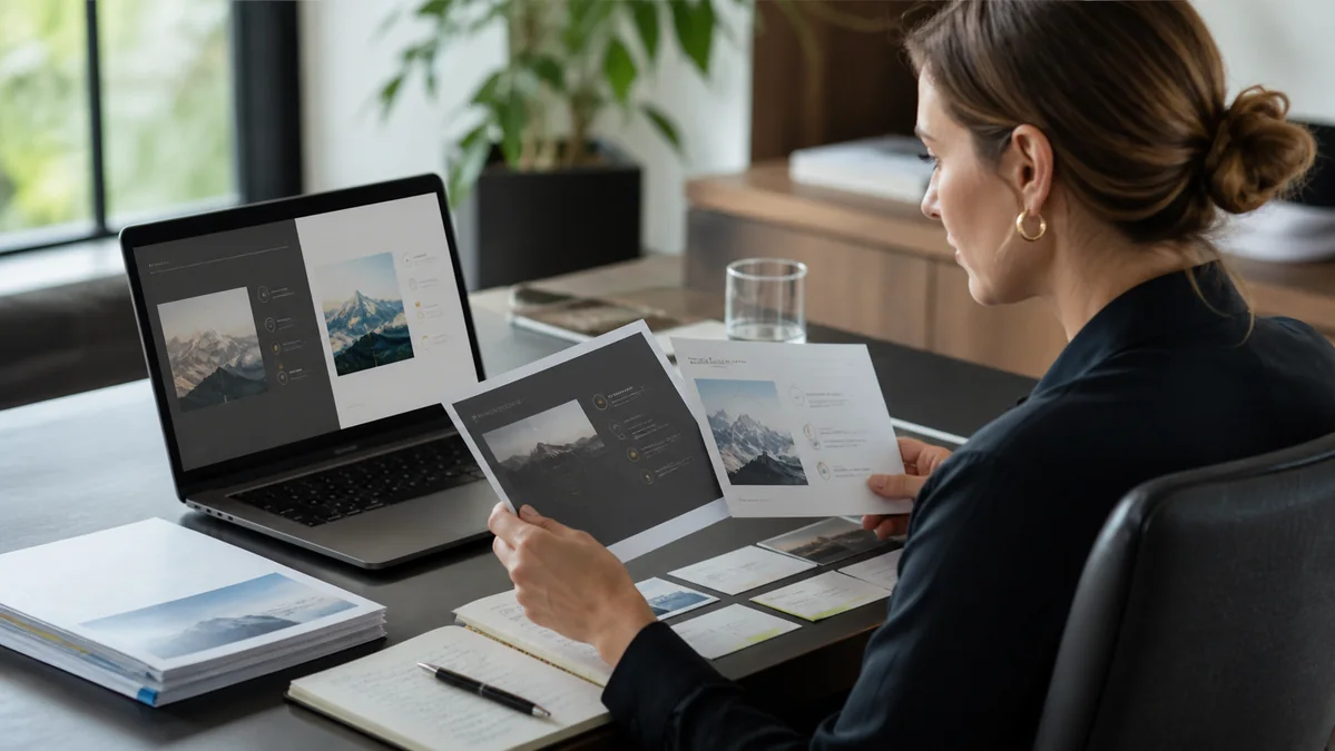 Presentation designer comparing an overwritten deck with printed slides and an earlier version.