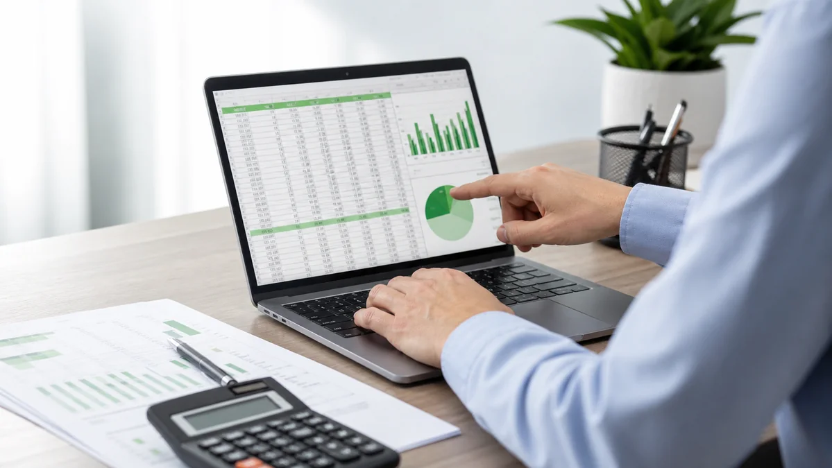 Analyst checking a recovered spreadsheet, chart, and printed rows on a Mac laptop.