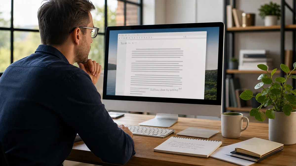 Writer reviewing a reopened browser document and handwritten last-sentence note after a crash.