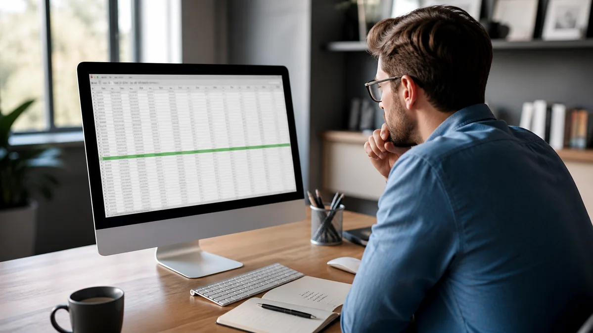 Analyst checking a highlighted spreadsheet row after a browser crash.